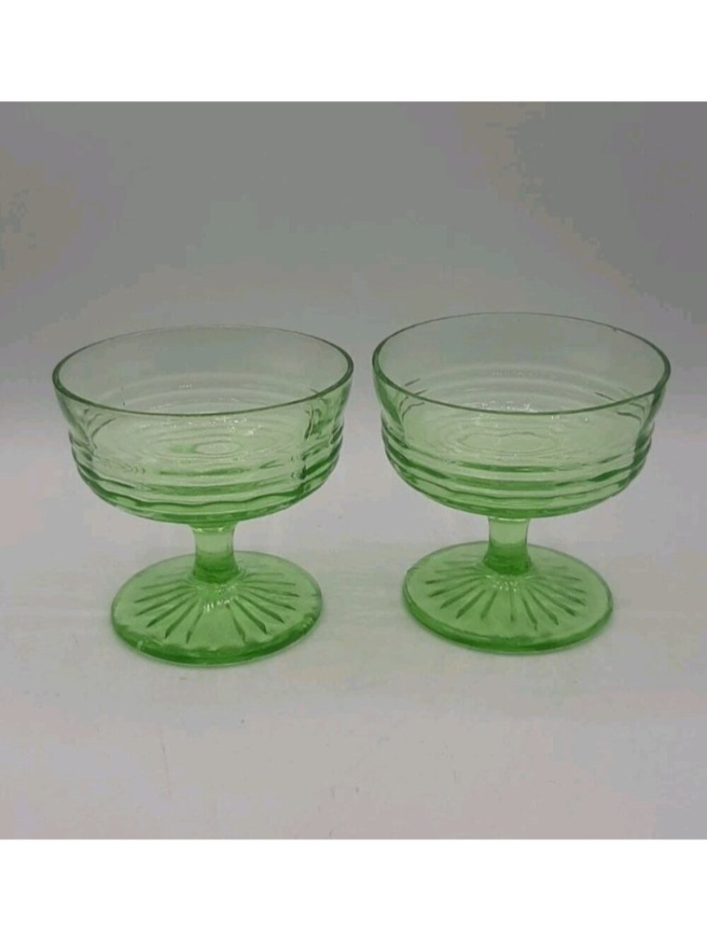 Pair of Vintage c1930 Anchor Hocking Block Optic Uranium Glass Sherbet Cups